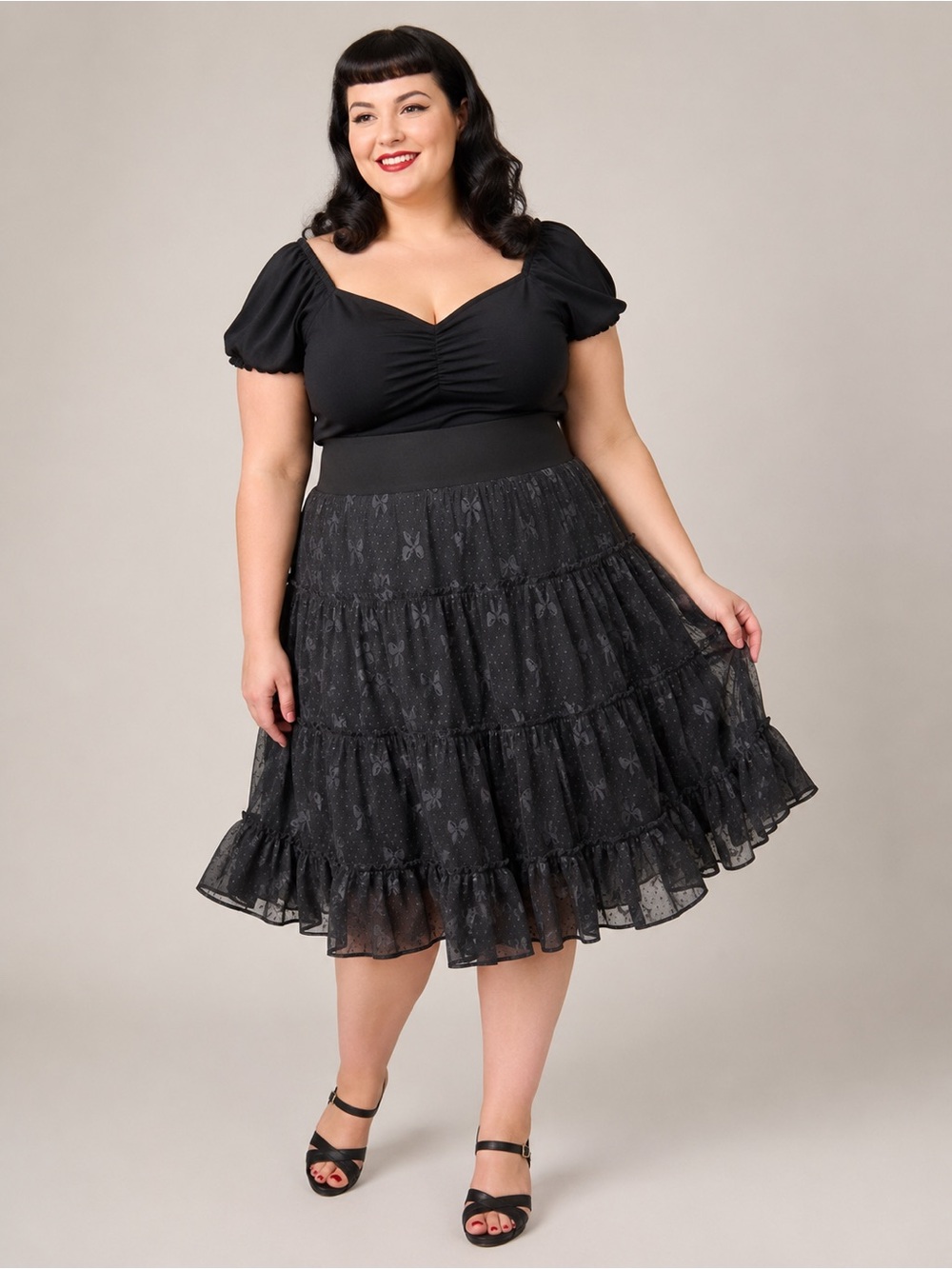 Lindy Bop Black Tiered Swiss Dot Bow Skirt Women’s Size 14–20 Vintage Pin-Up